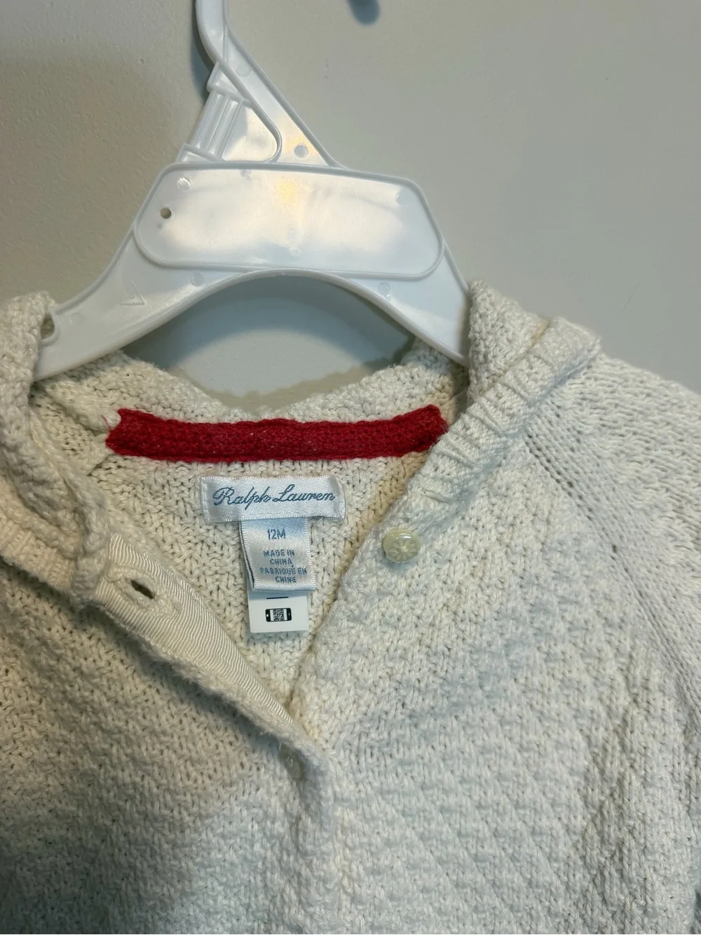 Ralph Lauren Cream Hooded Knit Cardigan with Red Heart & Bear Patch